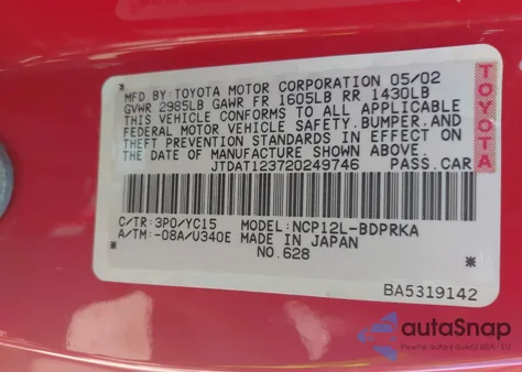 2002 Toyota Echo from USA, damaged, VIN JTDAT123720249746